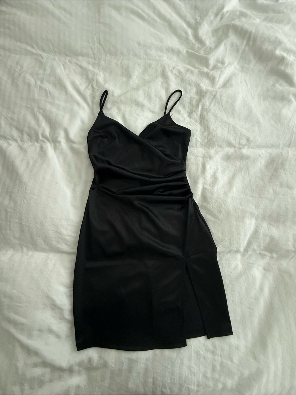 Pitaya Black Satin Wrap-Front Spaghetti Strap Mini Dress